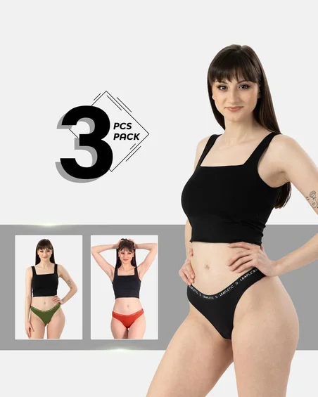 Srednje visok pas, bombaž-elastan brazilke spodnjice – paket 3 kosi